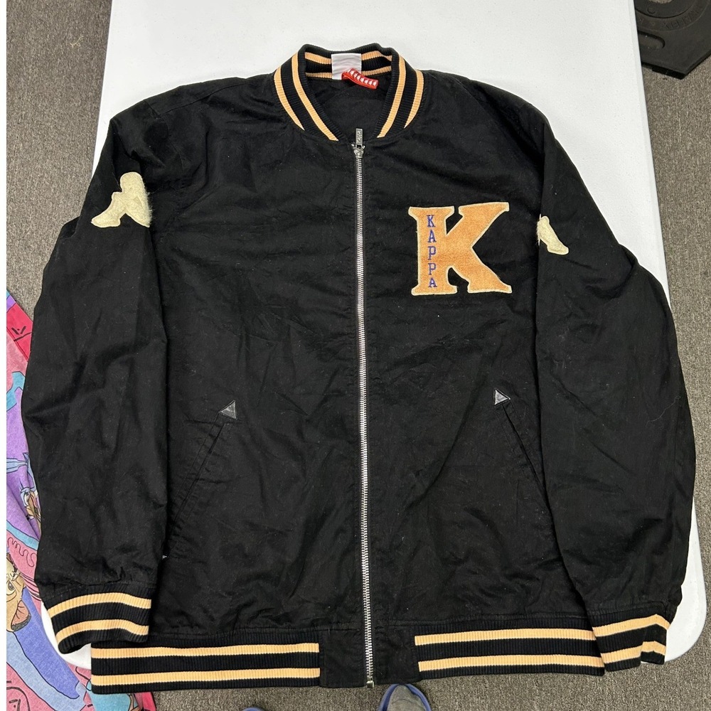 Kappa Bomber Jacket Mens XXL Black Varsity Letterman Zip Up Sportswear